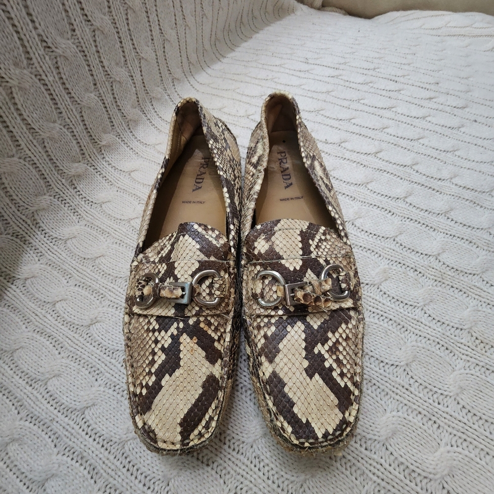 Prada Beige and Brown Snakeskin Loafers